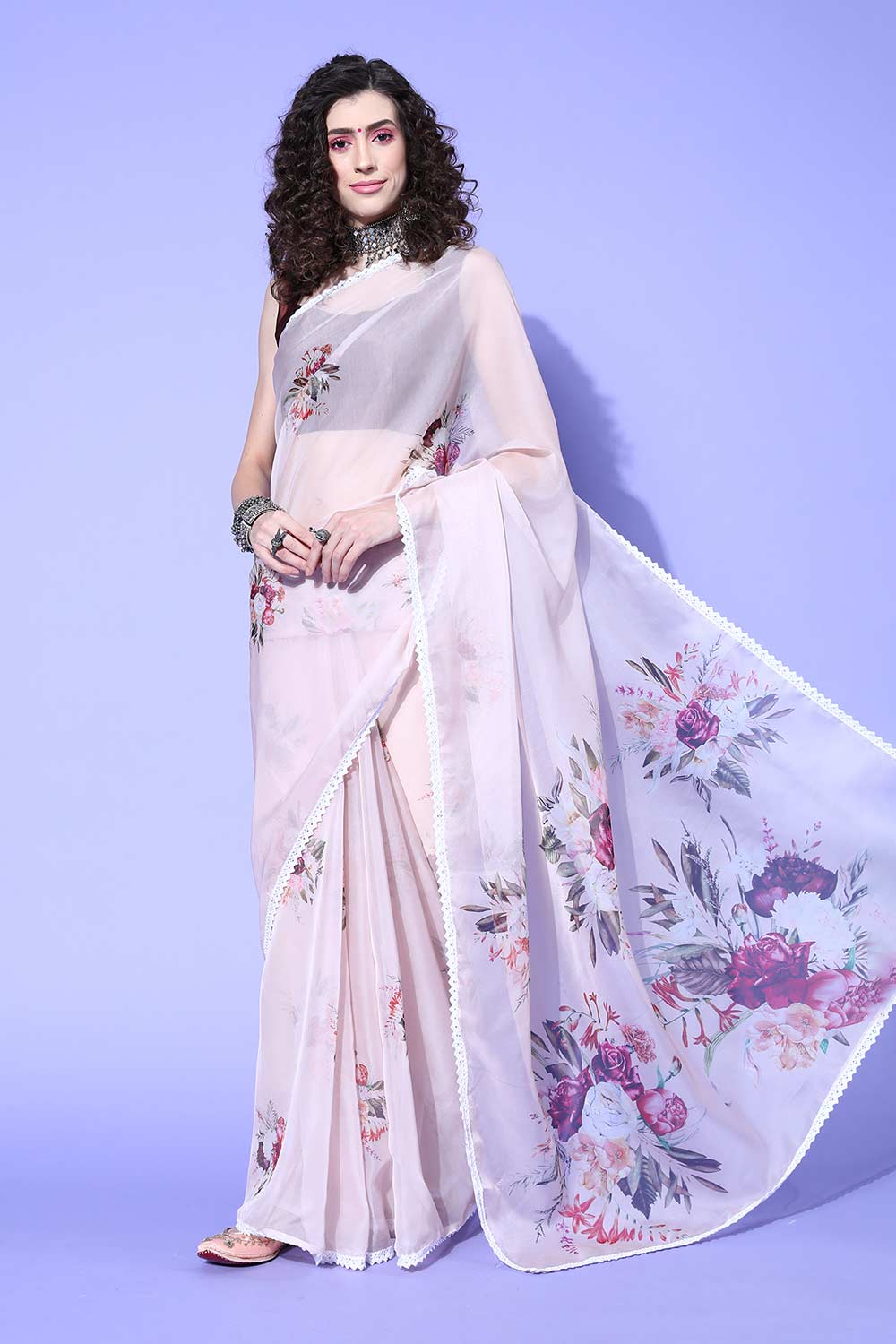 Buy Liza Beige Organza Floral Digital Print One Minute Saree Online - One Minute Saree