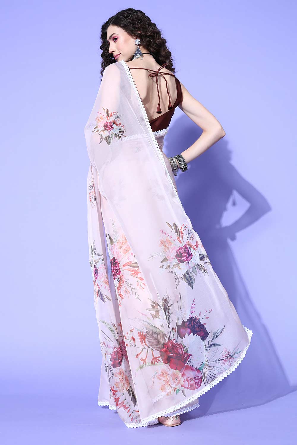 Shop Liza Beige Organza Floral Digital Print One Minute Saree at best offer at our  Store - One Minute Saree