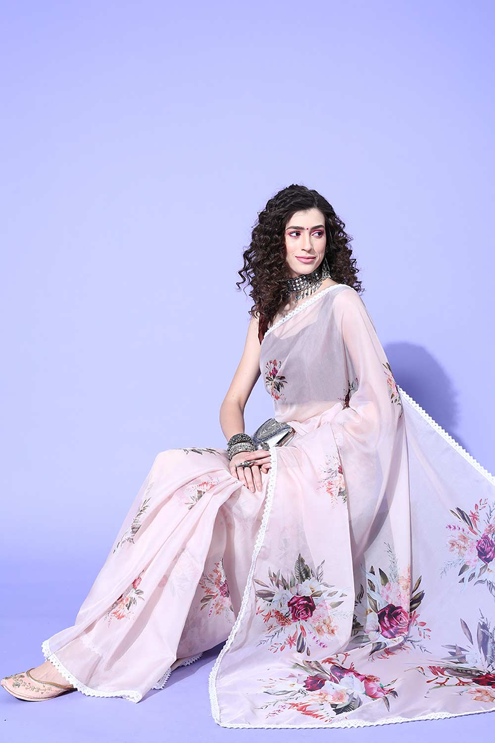 Buy Liza Beige Organza Floral Digital Print One Minute Saree Online