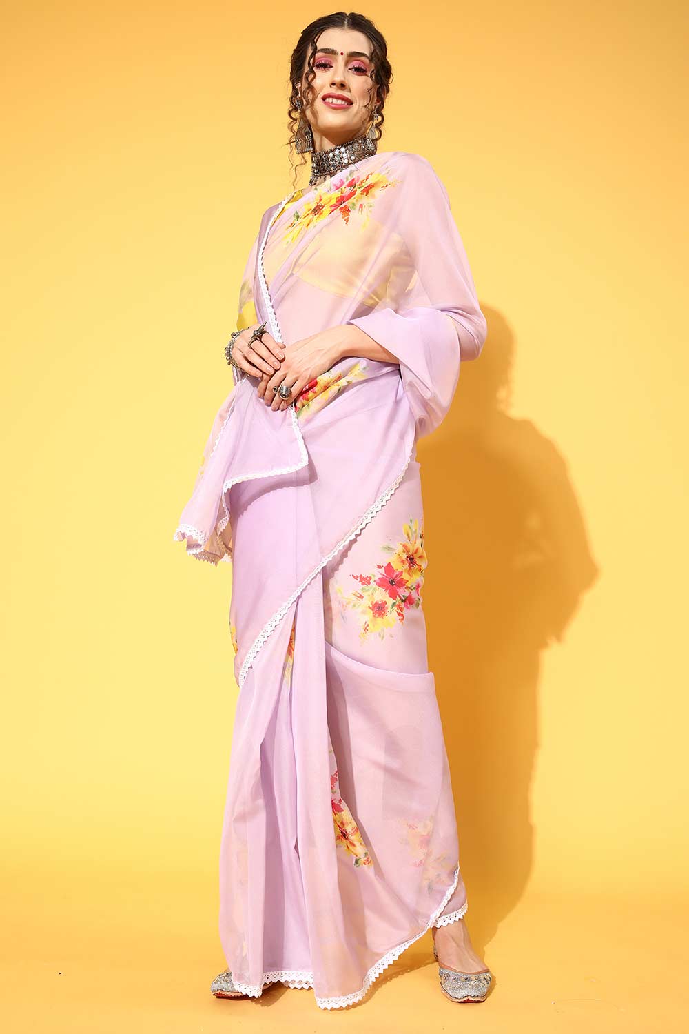 Buy Lenny Lavender Organza Floral Digital Print One Minute Saree Online - One Minute Saree