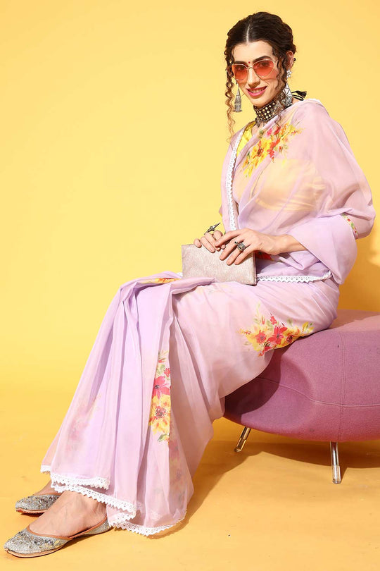 Buy Lenny Lavender Organza Floral Digital Print One Minute Saree Online - Back