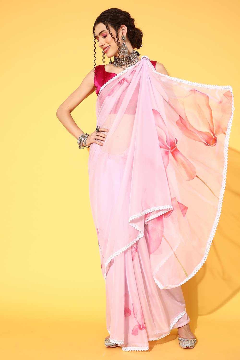 Buy Joan Pink & Mauve Organza Floral Digital Print One Minute Saree Online - One Minute Saree