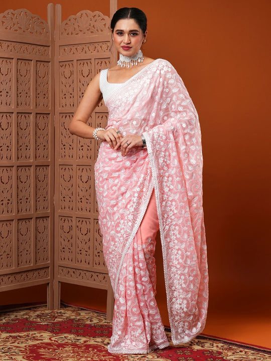Shop Payal Pink Organza Embroidered One Minute Saree at best offer at our  Store - One Minute Saree
