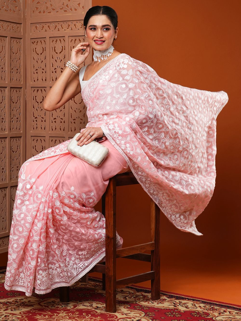 Buy Payal Pink Organza Embroidered One Minute Saree Online - Back