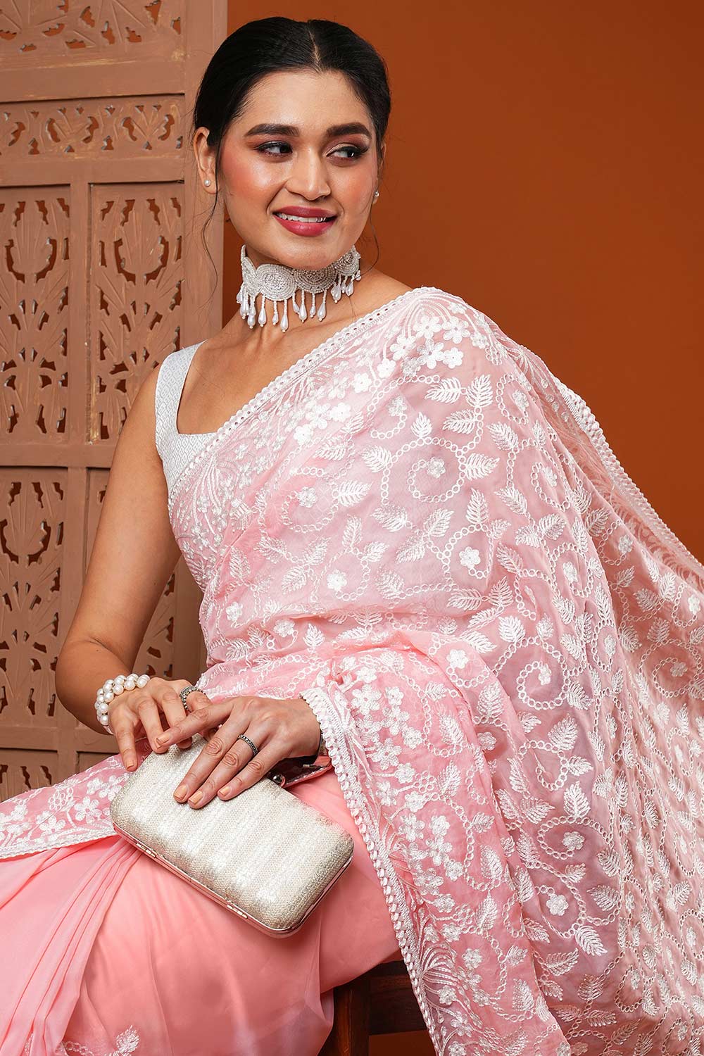 Buy Payal Pink Organza Embroidered One Minute Saree Online - One Minute Saree