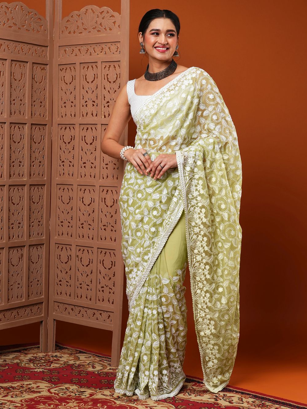 Shop Payal Olive Embroidered Organza One Minute Saree at best offer at our  Store - One Minute Saree