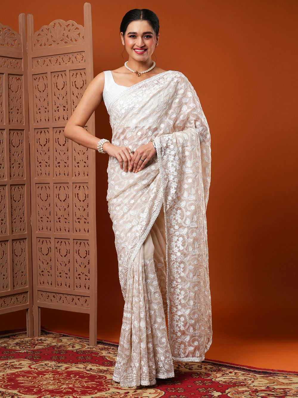 Shop Payal Beige Embroidered Organza One Minute Saree at best offer at our  Store - One Minute Saree