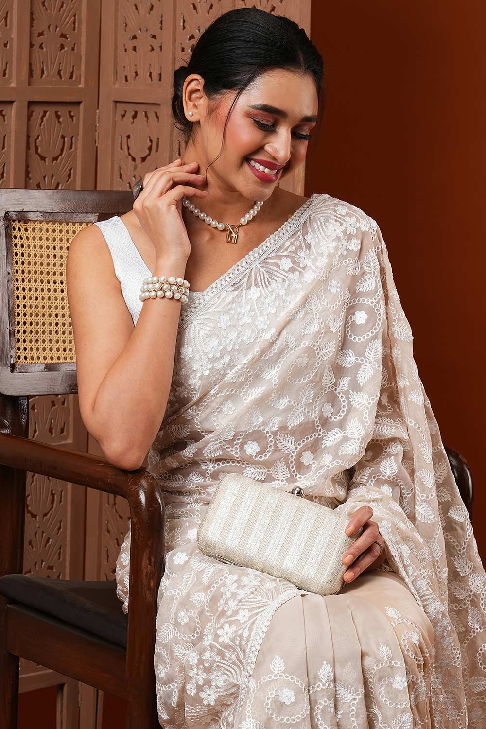 Buy Payal Beige Embroidered Organza One Minute Saree Online - One Minute Saree