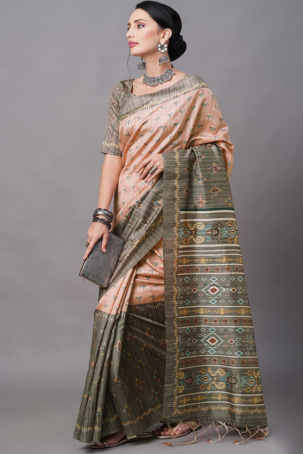 Maya Bhagalpuri Silk Peach Digital Print Designer One Minute Saree