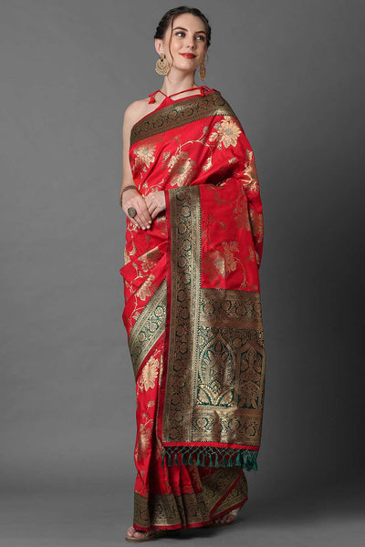 Buy Priyanka Red Zari Woven Blended Silk One Minute Saree Online - Back