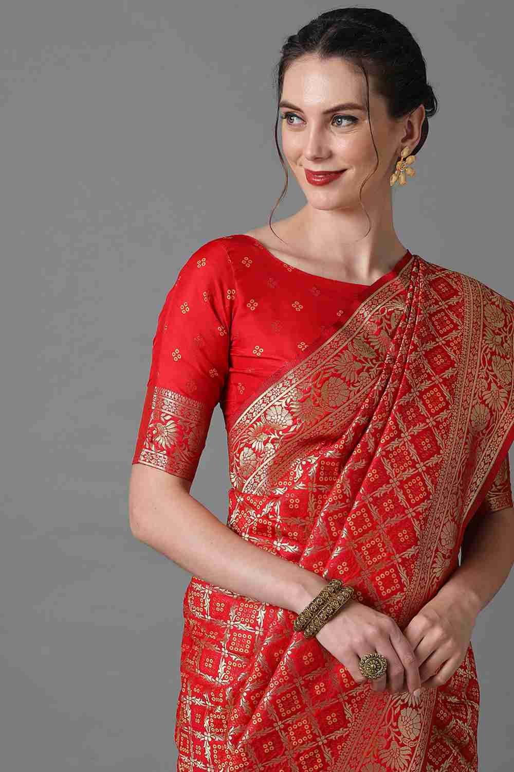 Buy Esther Red Woven Art Silk One Minute Saree Online - Side