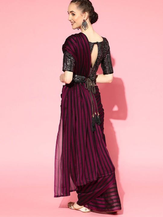 Shop Varya Burgundy Georgette Belted One Minute Saree at best offer at our  Store - One Minute Saree