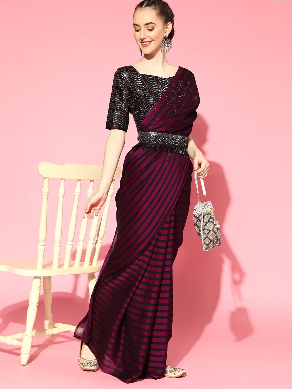 Buy Varya Burgundy Georgette Belted One Minute Saree Online