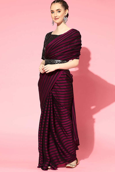 Buy Varya Burgundy Georgette Belted One Minute Saree Online - One Minute Saree