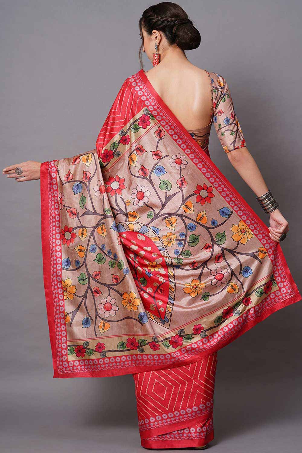 Shop Hana Red Floral Printed Dola Art Silk One Minute Saree at best offer at our  Store - One Minute Saree