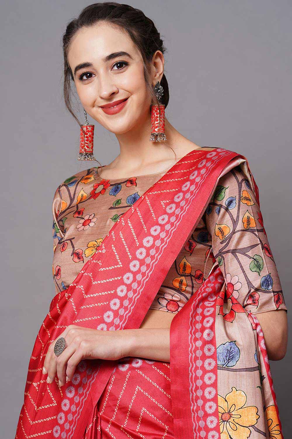 Buy Hana Red Floral Printed Dola Art Silk One Minute Saree Online