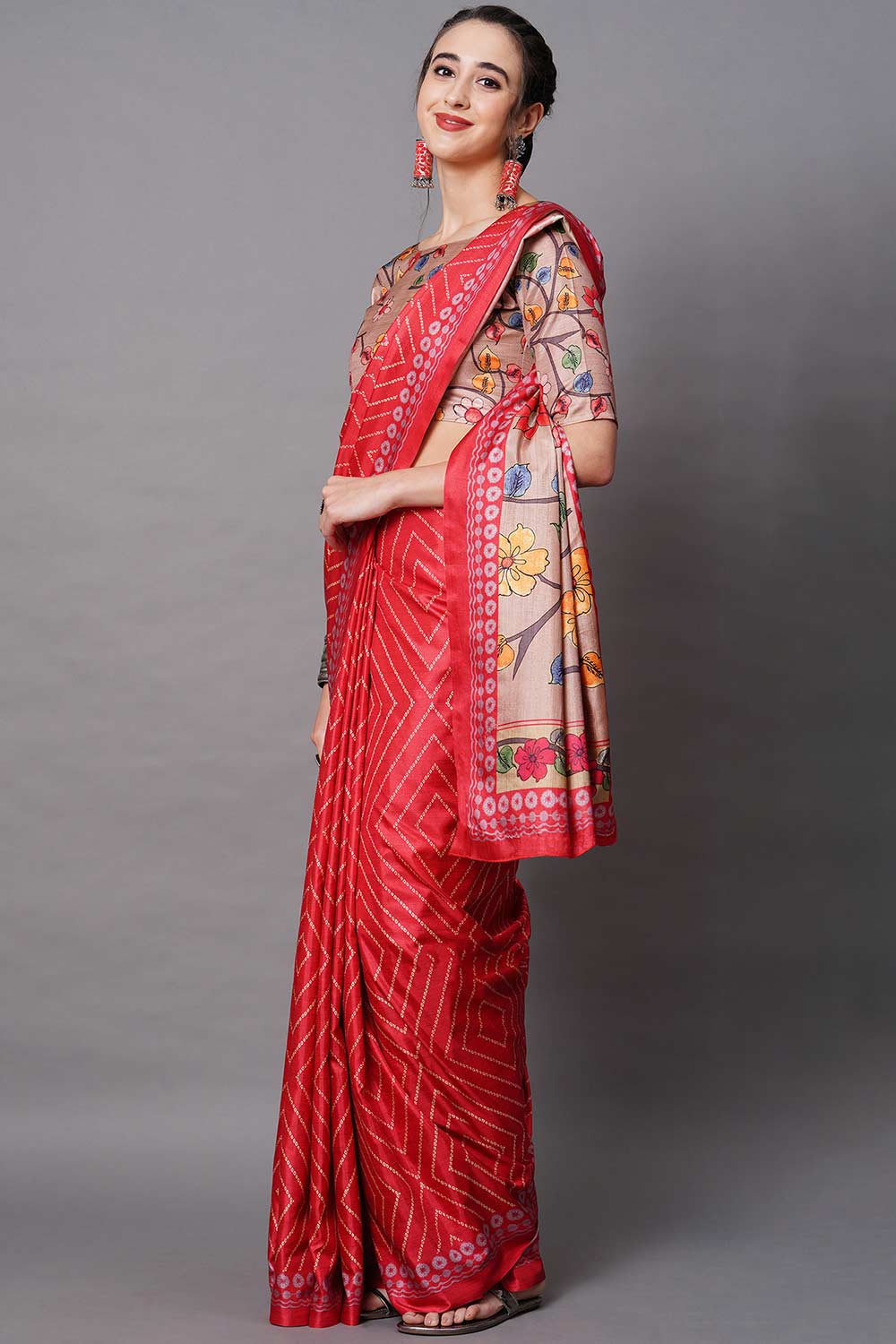 Buy Hana Red Floral Printed Dola Art Silk One Minute Saree Online - Back