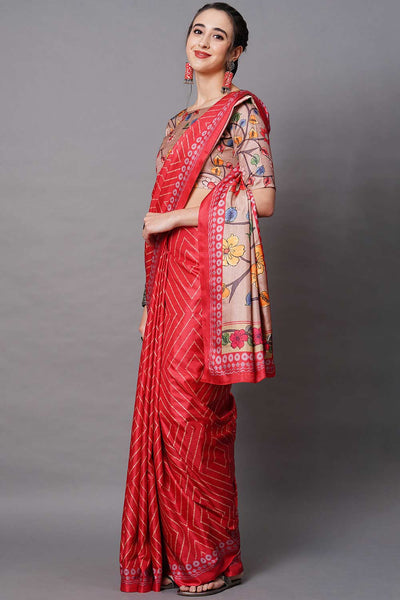 Buy Hana Red Floral Printed Dola Art Silk One Minute Saree Online - Back