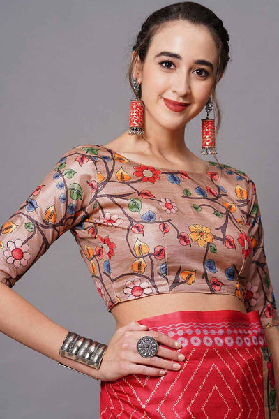 Buy Hana Red Floral Printed Dola Art Silk One Minute Saree Online - Side