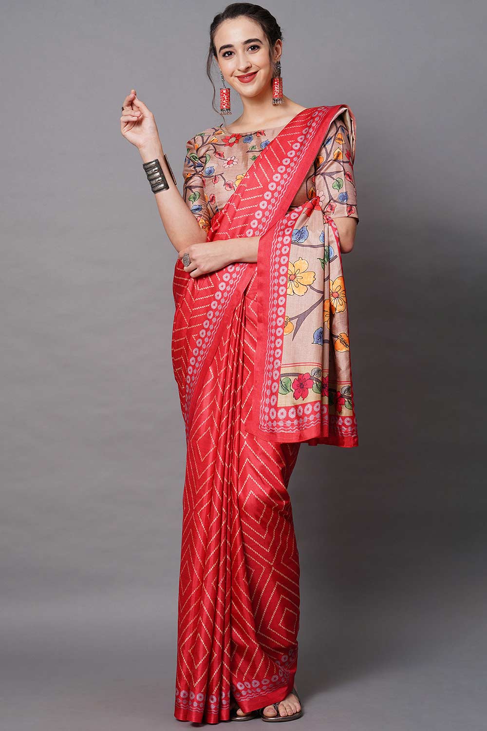 Buy Hana Red Floral Printed Dola Art Silk One Minute Saree Online - One Minute Saree