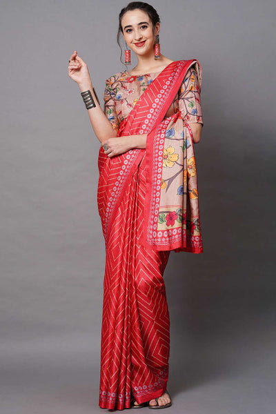Buy Hana Red Floral Printed Dola Art Silk One Minute Saree Online - One Minute Saree