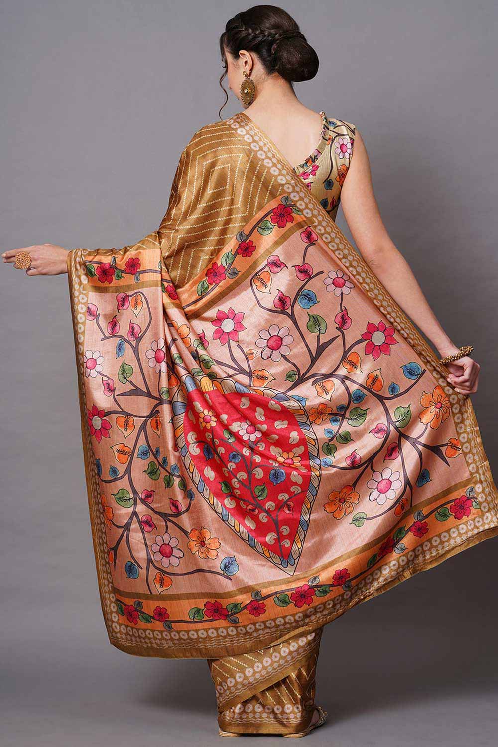 Shop Diana Mustard Floral Printed Dola Art Silk One Minute Saree at best offer at our  Store - One Minute Saree