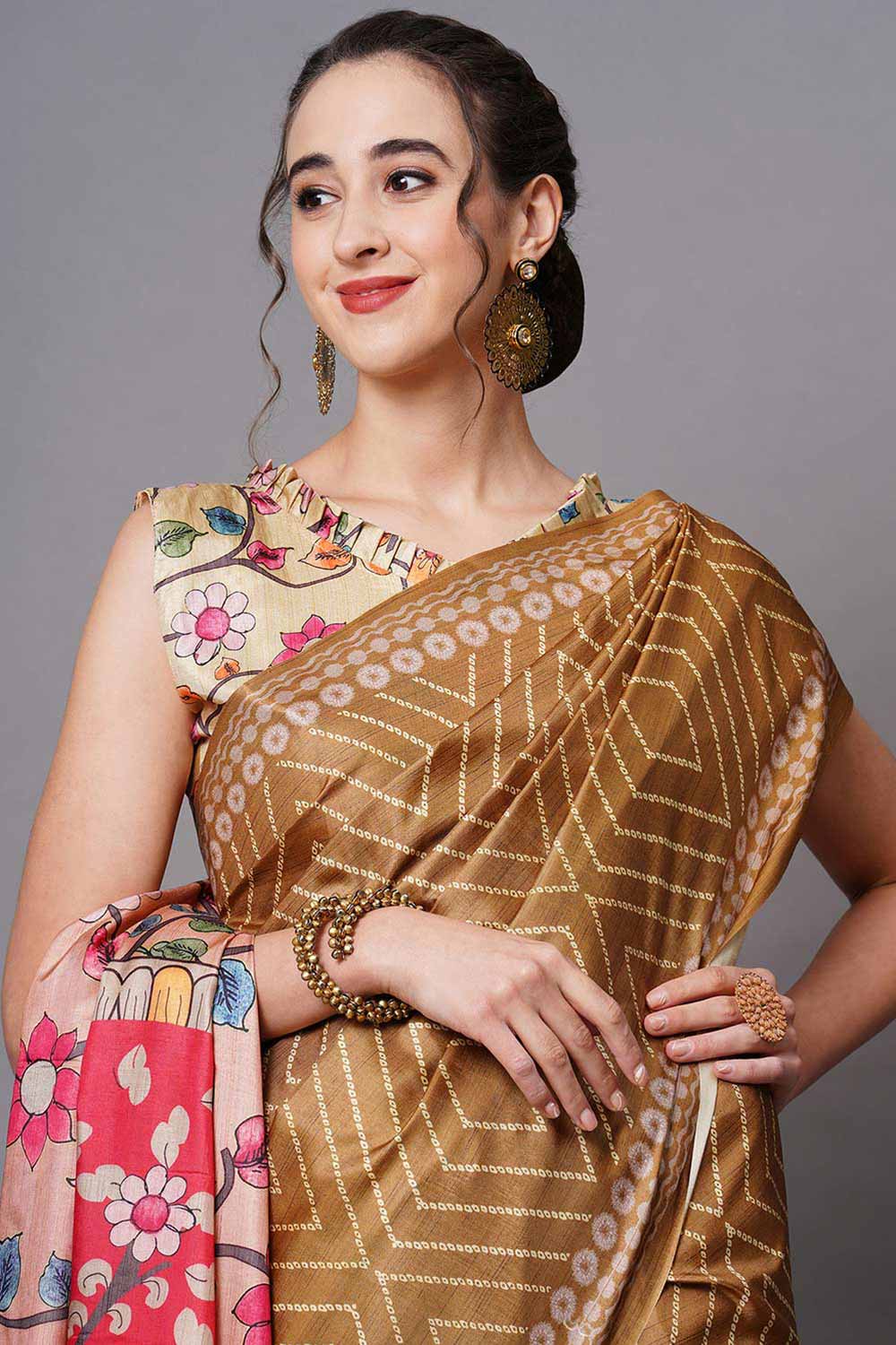 Buy Musturd Floral Printed Dola Art Silk One Minute Saree Online - Front