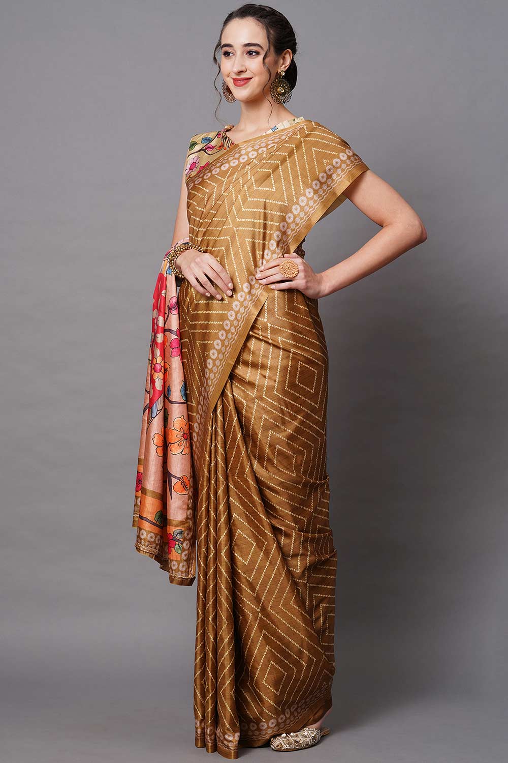 Buy Diana Mustard Floral Printed Dola Art Silk One Minute Saree Online - Back