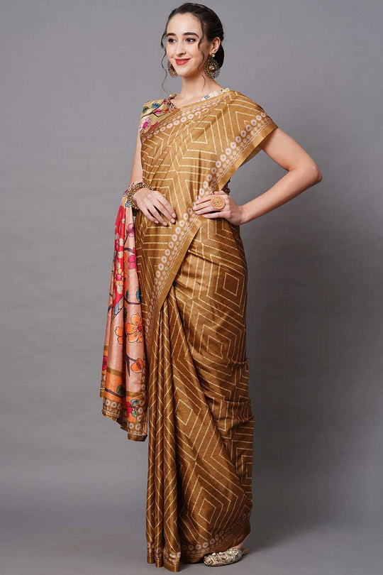Buy Diana Mustard Floral Printed Dola Art Silk One Minute Saree Online - Back