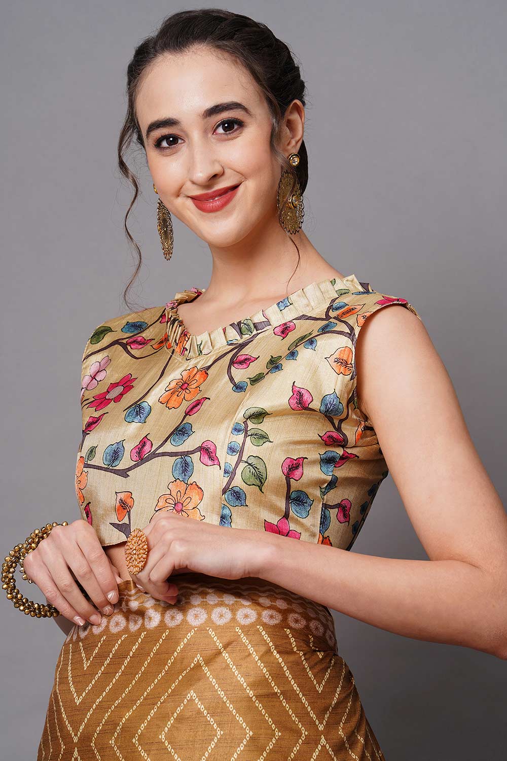 Buy Diana Mustard Floral Printed Dola Art Silk One Minute Saree Online - Side