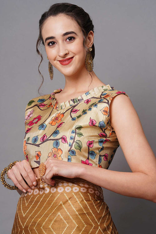 Buy Diana Mustard Floral Printed Dola Art Silk One Minute Saree Online - Side