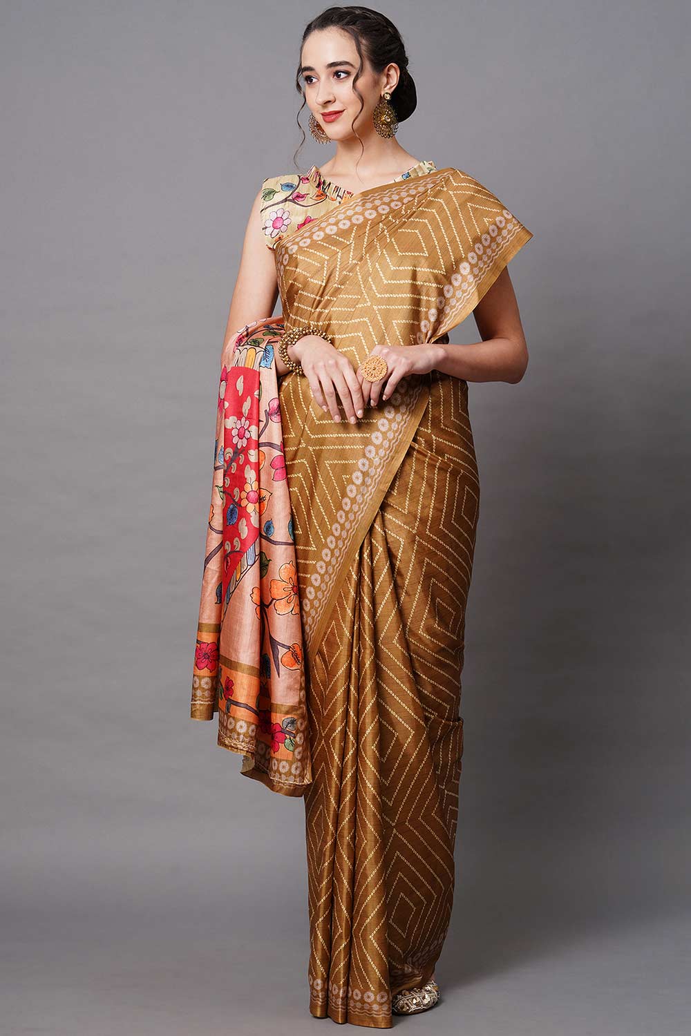 Buy Diana Mustard Floral Printed Dola Art Silk One Minute Saree Online - One Minute Saree
