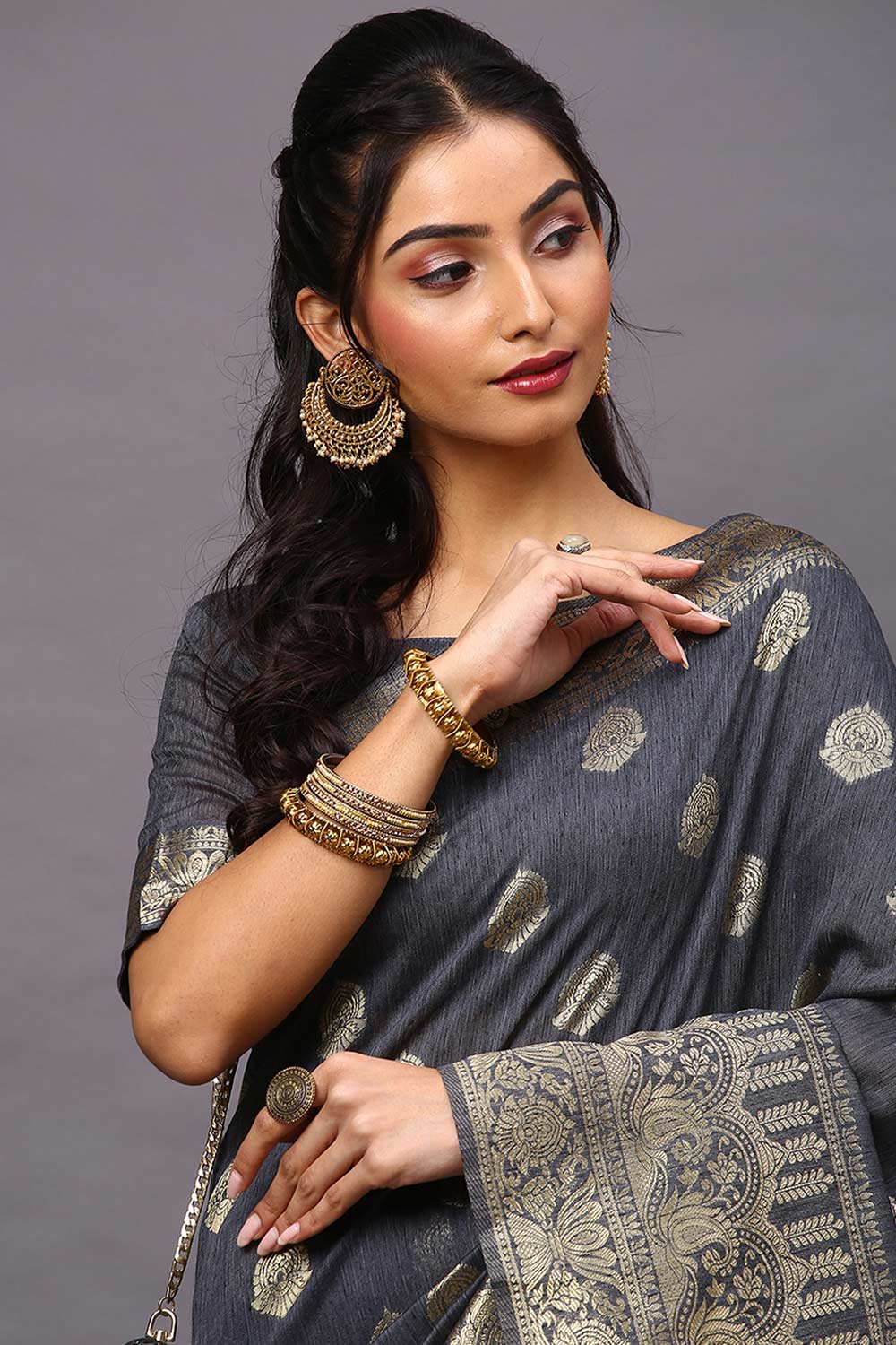 Buy Rekha Grey Silk Blend Floral Woven Design Banarasi One Minute Saree Online