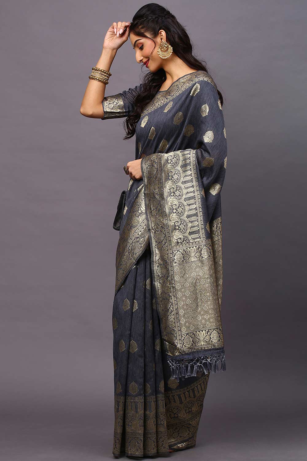 Buy Rekha Grey Silk Blend Floral Woven Design Banarasi One Minute Saree Online - Back