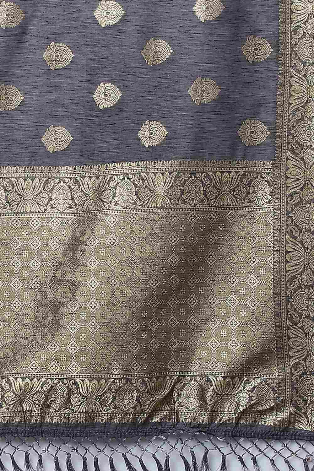 Buy Rekha Grey Silk Blend Floral Woven Design Banarasi One Minute Saree Online - Front