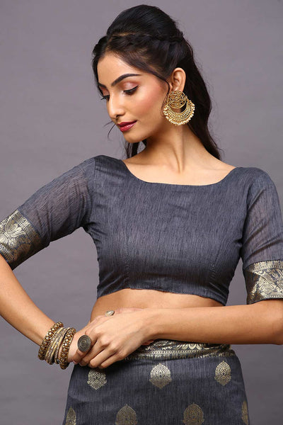 Buy Rekha Grey Silk Blend Floral Woven Design Banarasi One Minute Saree Online - Side