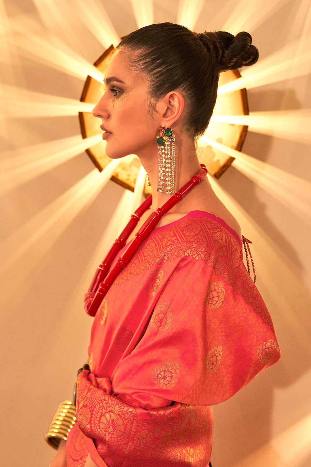 Shop Kornella Pink Art Silk Lace, Foil-Print Saree at best offer at our  Store - One Minute Saree