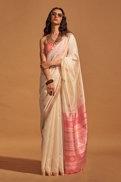 Buy Isha Cream Kanoi Silk Woven Floral One Minute Saree Online - One Minute Saree