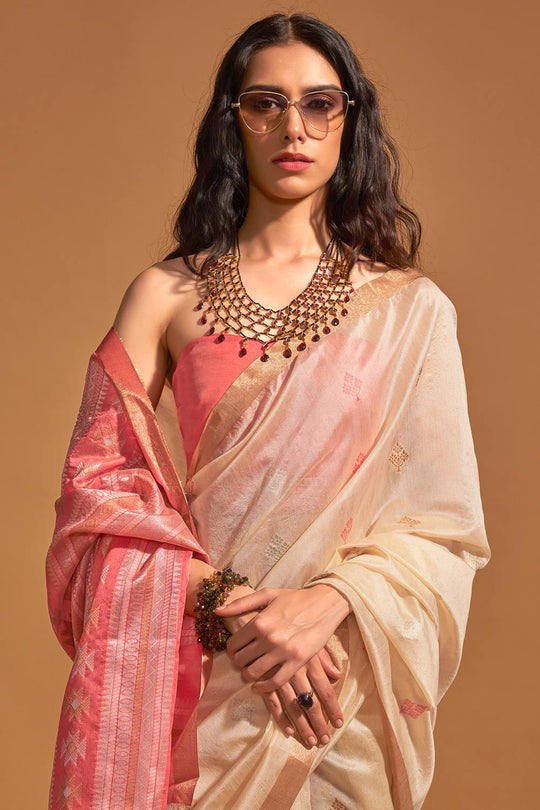 Shop Isha Cream Kanoi Silk Woven Floral One Minute Saree at best offer at our  Store - One Minute Saree