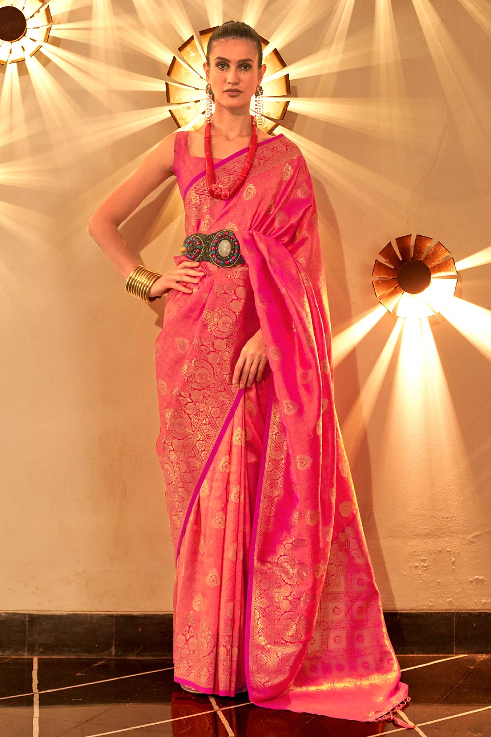 Buy Kornella Pink Art Silk Lace, Foil-Print Saree Online - One Minute Saree