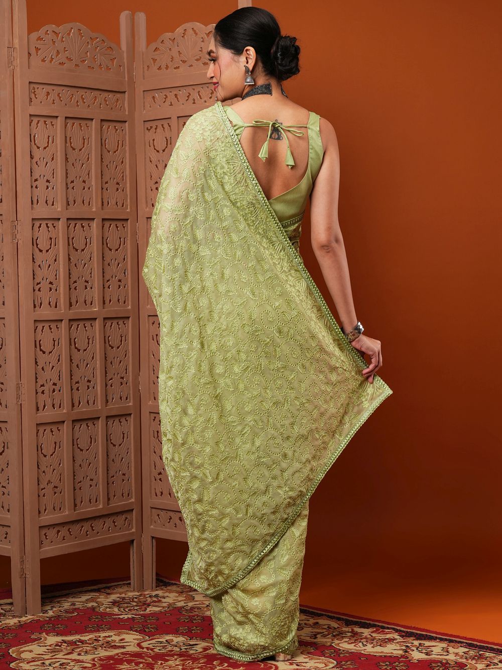 Renu Light Olive  Embroidered Organza Party One Minute Saree