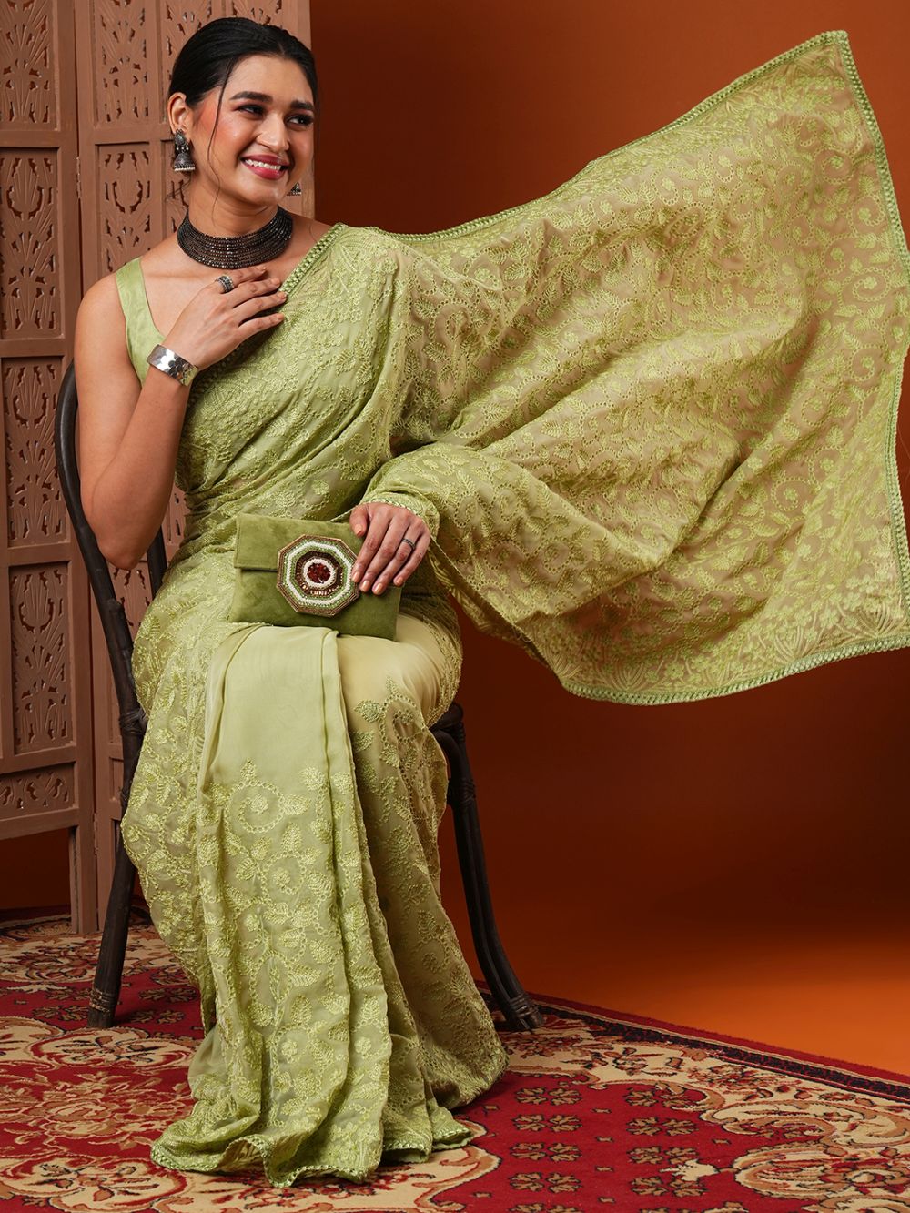 Renu Light Olive  Embroidered Organza Party One Minute Saree