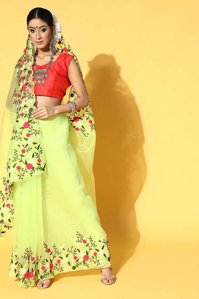 Buy Lexi Green Organza Cutwork Embellished One Minute Saree Online - One Minute Saree