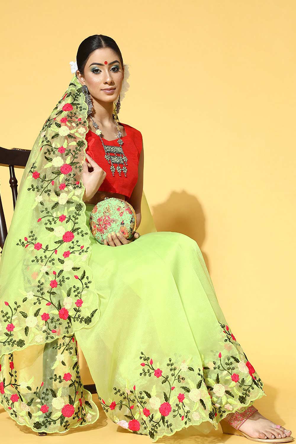 Buy Lexi Green Organza Cutwork Embellished One Minute Saree Online