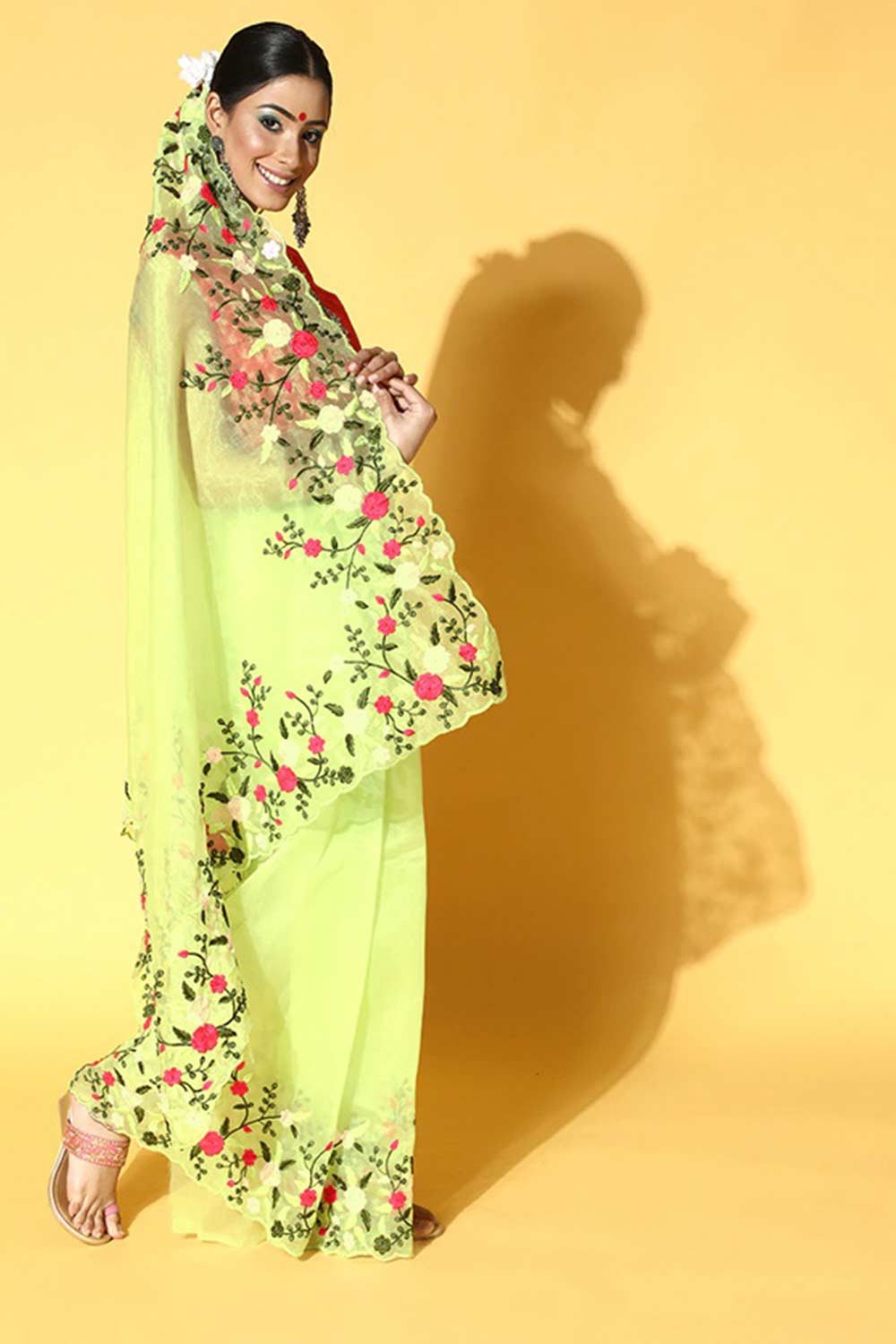 Buy Lexi Green Organza Cutwork Embellished One Minute Saree Online - Back