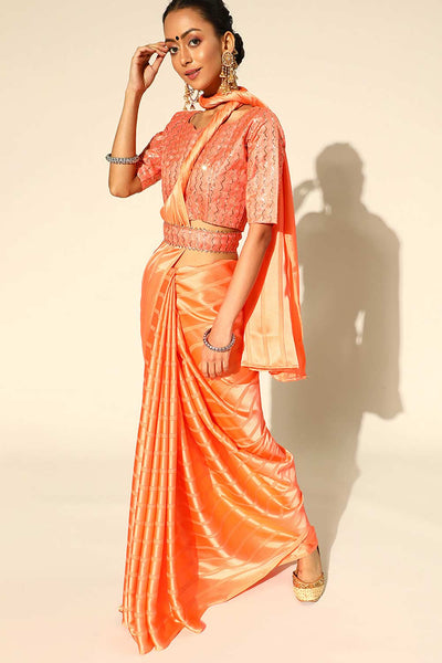 Buy Stephi Orange Satin Stripe Embroidered One Minute Saree Online - One Minute Saree