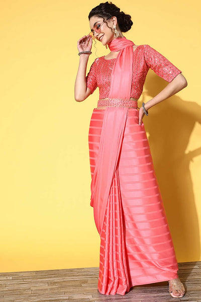 Buy Khushi Pink Satin Stripe One Minute Saree Online - One Minute Saree