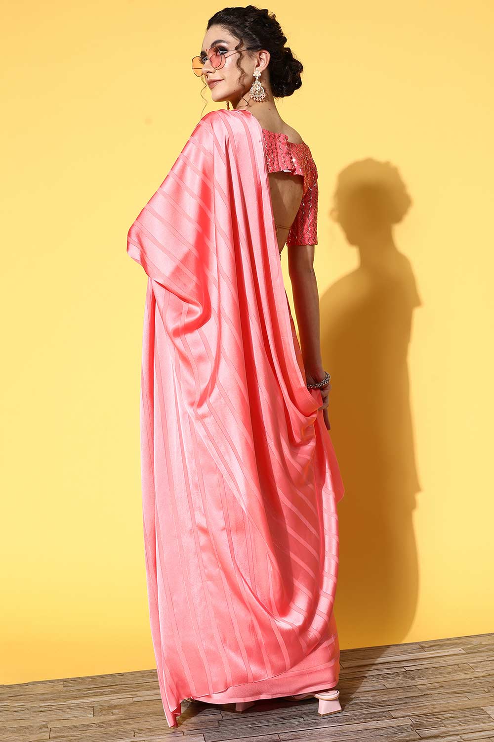 Shop Khushi Pink Satin Stripe One Minute Saree at best offer at our  Store - One Minute Saree