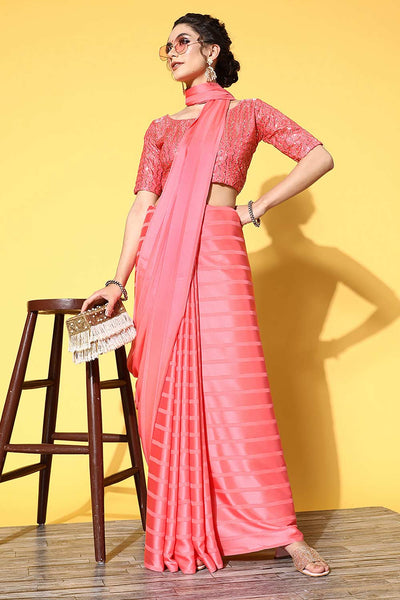 Buy Khushi Pink Satin Stripe One Minute Saree Online