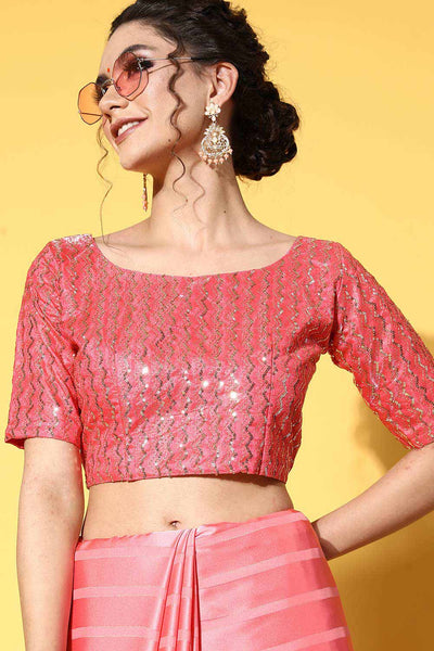 Buy Khushi Pink Satin Stripe One Minute Saree Online - Front